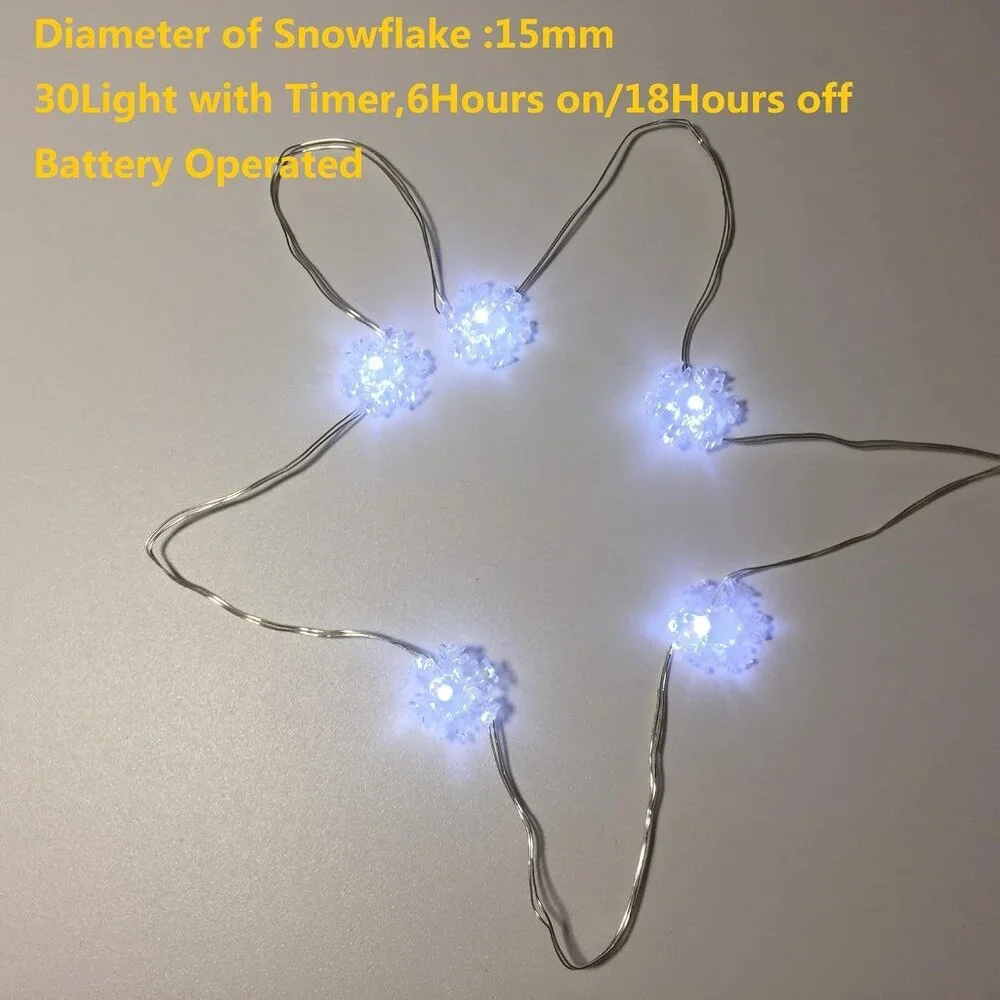 Enchanting 2 Pack Mini Snowflake LED Fairy Lights with Timer - 10ft Cold White